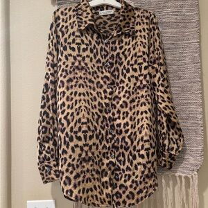 CAbi Tan and Brown Notched Collar Button Down Shirt